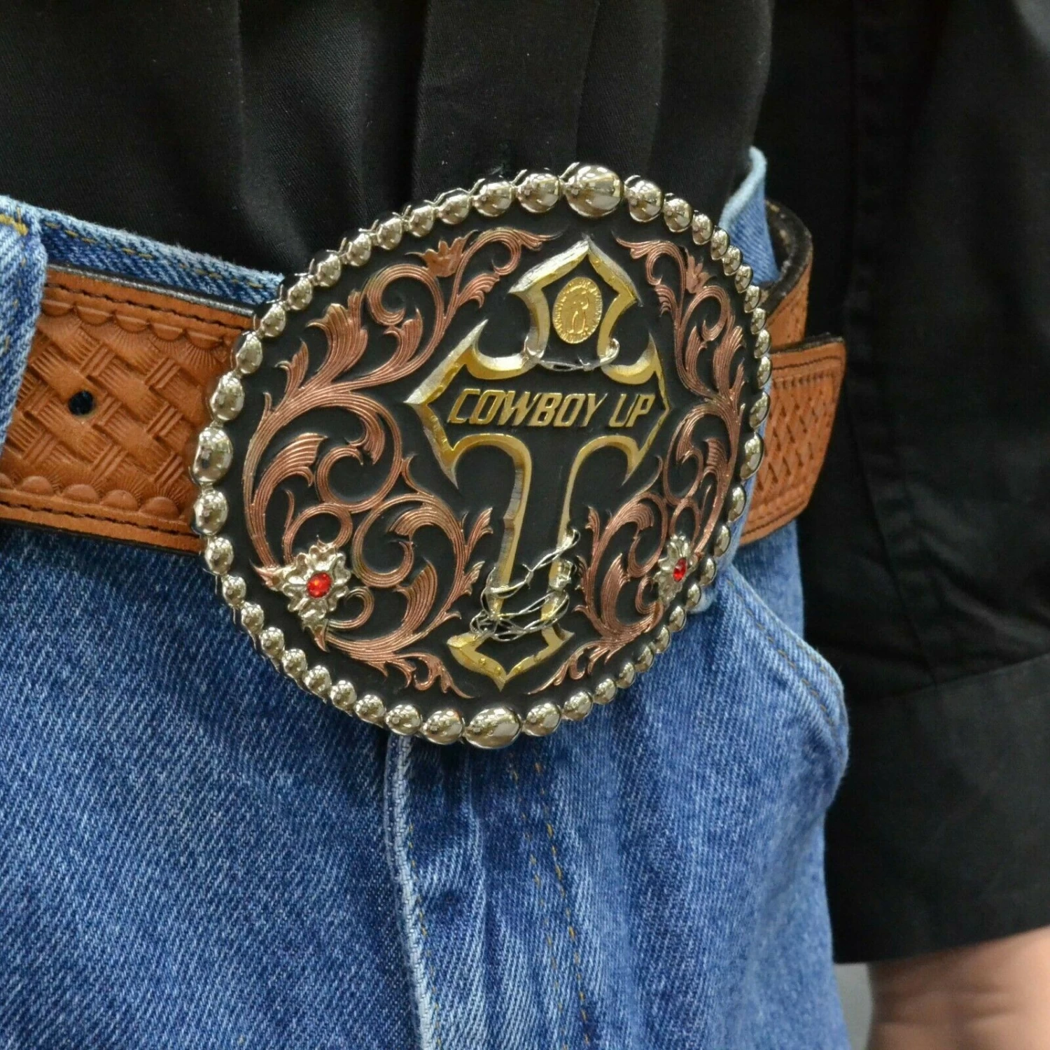 Montana Silversmiths Tri Color Cowboy Up Attitude Belt Buckle 60990 - Image 2