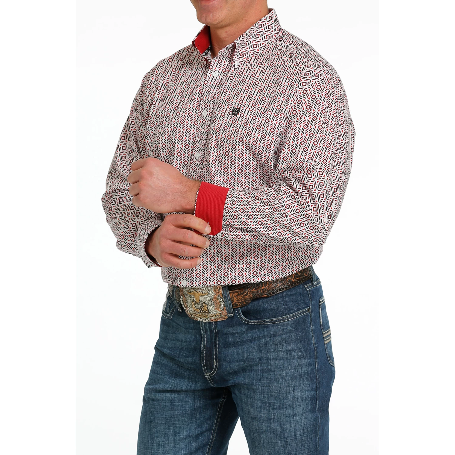 Cinch® Men's White & Red Geometric Print Western Shirt MTW1105525 - Image 2