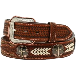3D Belt Men's Tooled Calf Hair Cross Concho Brown Belt D100011608