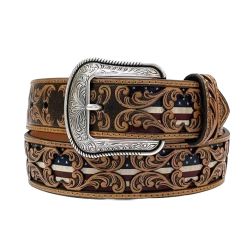 3D Men's Floral Tooled American Flag Inlay Leather Belt D100012408