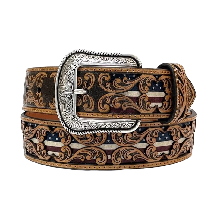 3D Men's Floral Tooled American Flag Inlay Leather Belt D100012408