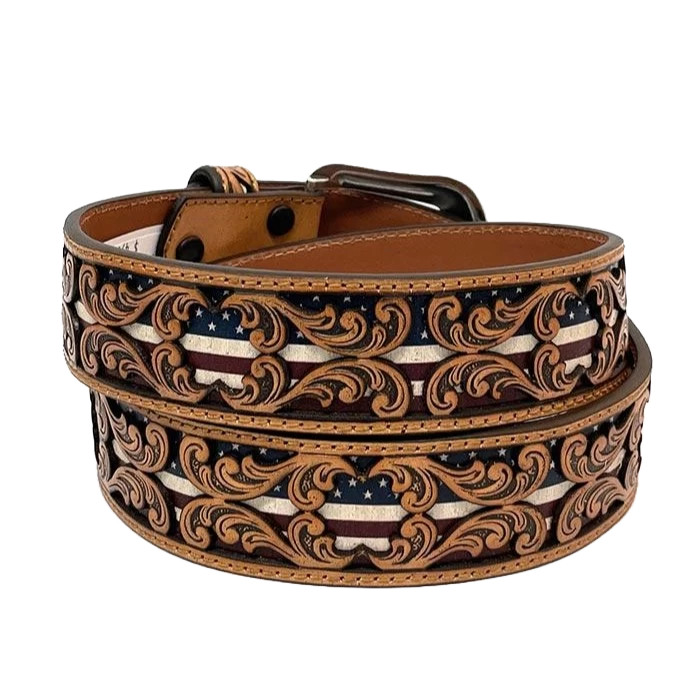 3D Men's Floral Tooled American Flag Inlay Leather Belt D100012408 - Image 2