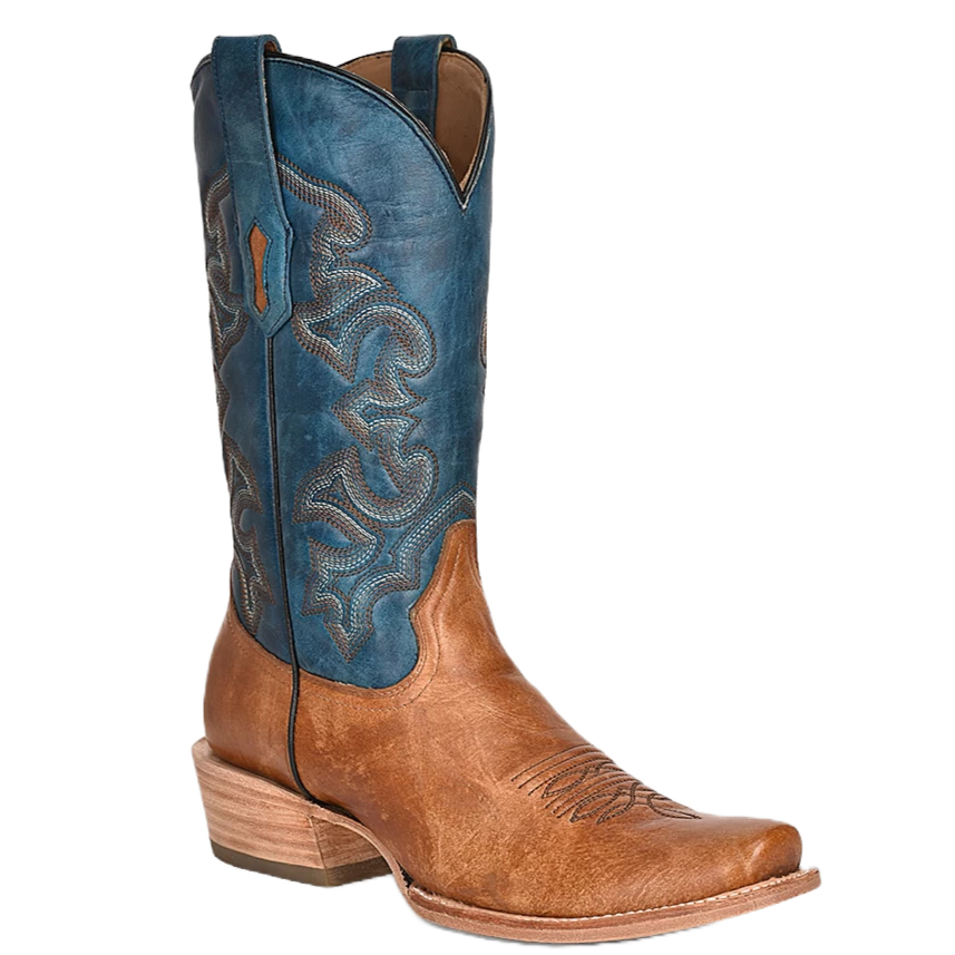 Corral Boots Corral Men's Embroidered Sand & Navy Blue Horseman Toe Boots A4378