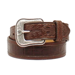 Ariat Men's Brown Crocodile Print Floral Embossed Tab Belt A1021202