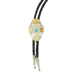 Double S Silver & Gold Cross W/ Turquoise Stone Concho Bolo Tie 22113