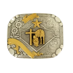 Nocona Mens Silver & Gold Praying Cowboy Ribbon Belt Buckle 37402