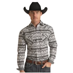 Rough Stock® Men's Geometric Print Black Snap Shirt RSMSOSRYTT-05