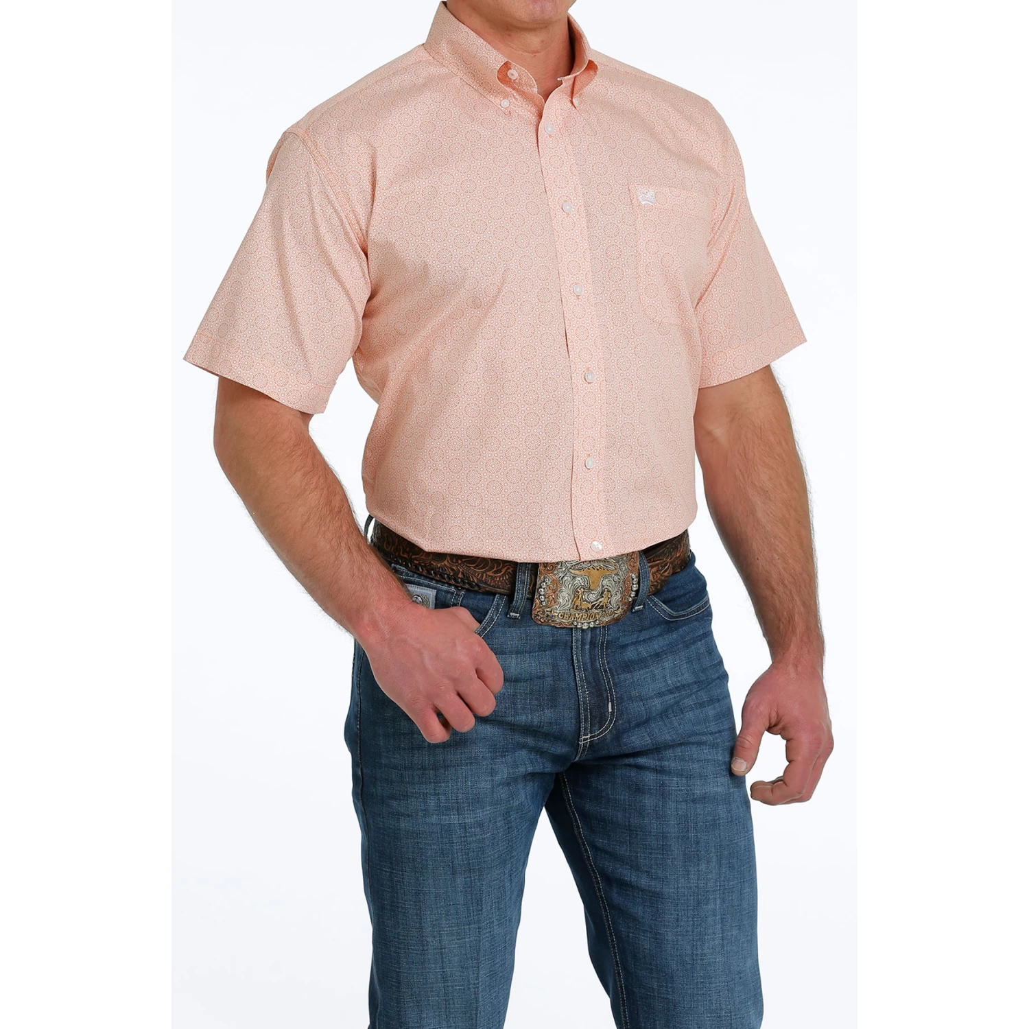 Cinch Men's Geometric Print Peach Orange Button Down Shirt MTW1111421